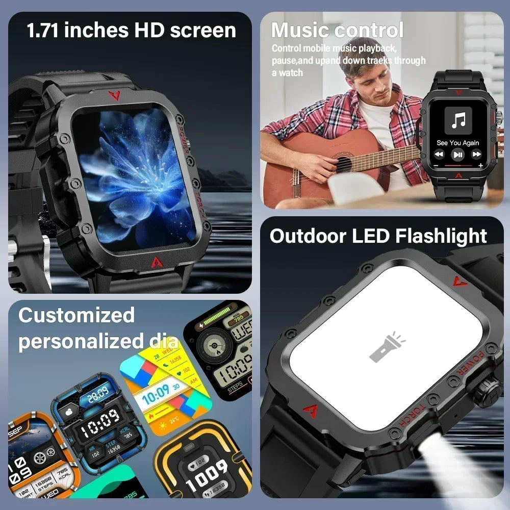 2025 Military Outdoor Smartwatch For Man Bluetooth reloj inteligente LED Flahlight 1.73inch Montres Hommes Sports Smart Watches