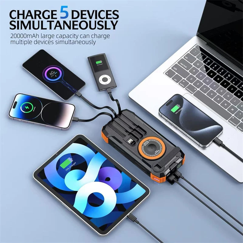 Hand Crank Solar Power Bank 20000mAh Magnetic Wireless 22.5W Fast Charging Powerbank with Light for iWatch for iPhone 16 Samsung