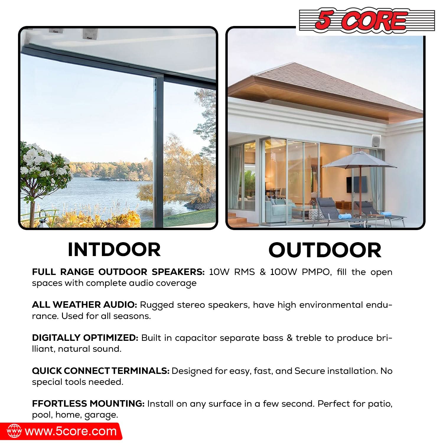 5Core Outdoor Speakers Stereo In Wall 100W Peak Passive Home Audio System-3