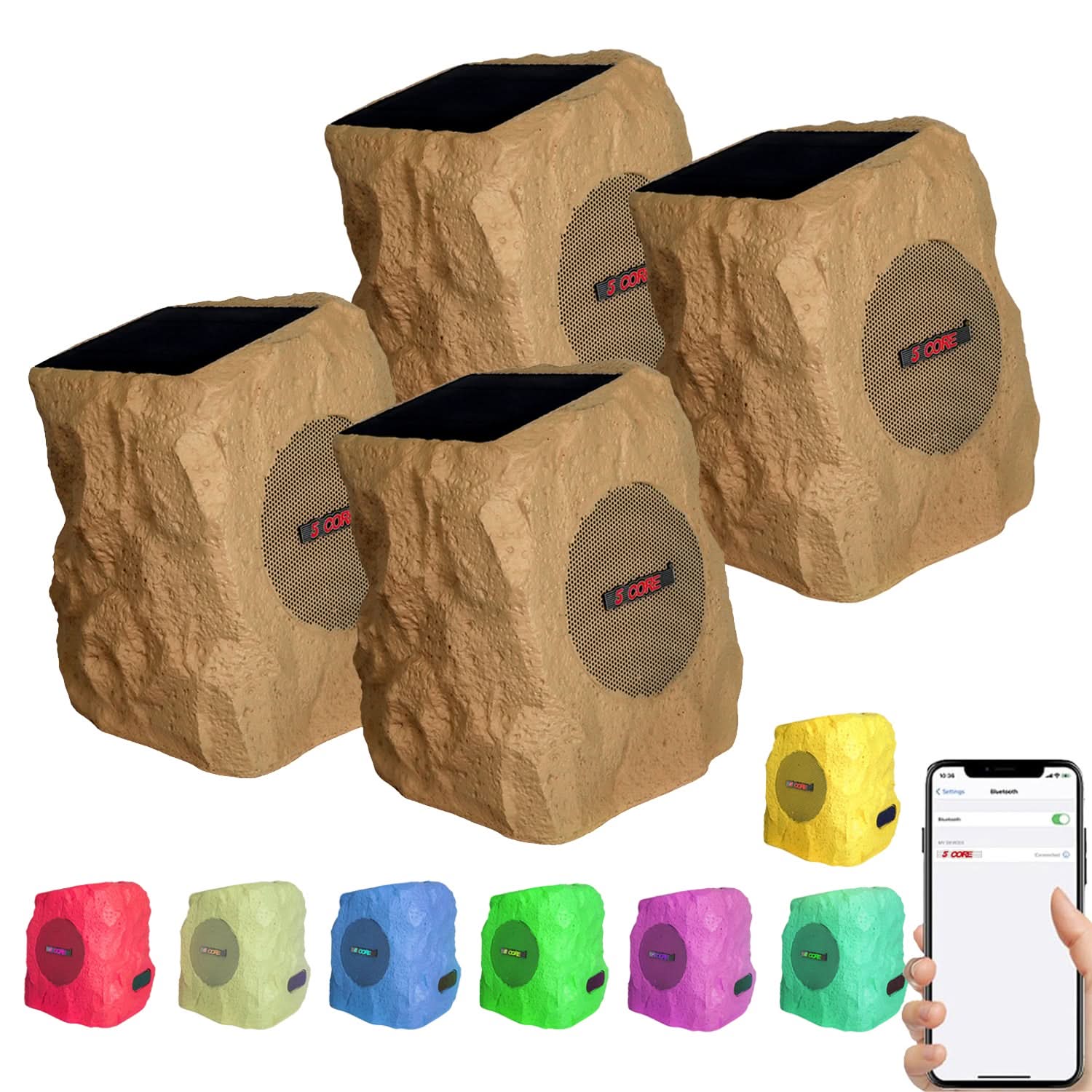 5 Core Rock Speaker Outdoor Waterproof Bluetooth Garden Speakers Solar & USB Charging RGB Colors for Patio Pool & Home-0