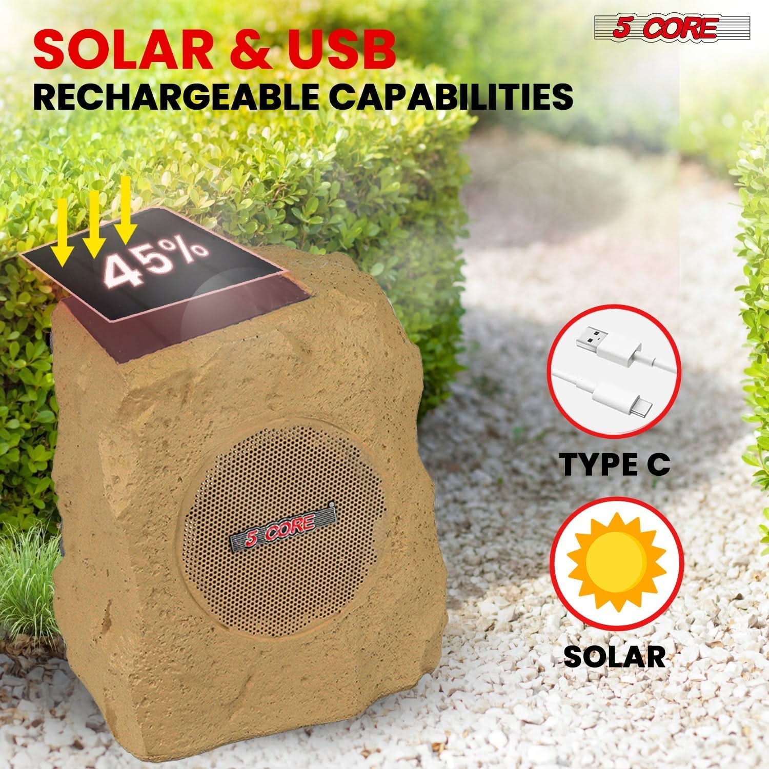 5 Core Rock Speaker Outdoor Waterproof Bluetooth Garden Speakers Solar & USB Charging RGB Colors for Patio Pool & Home-2