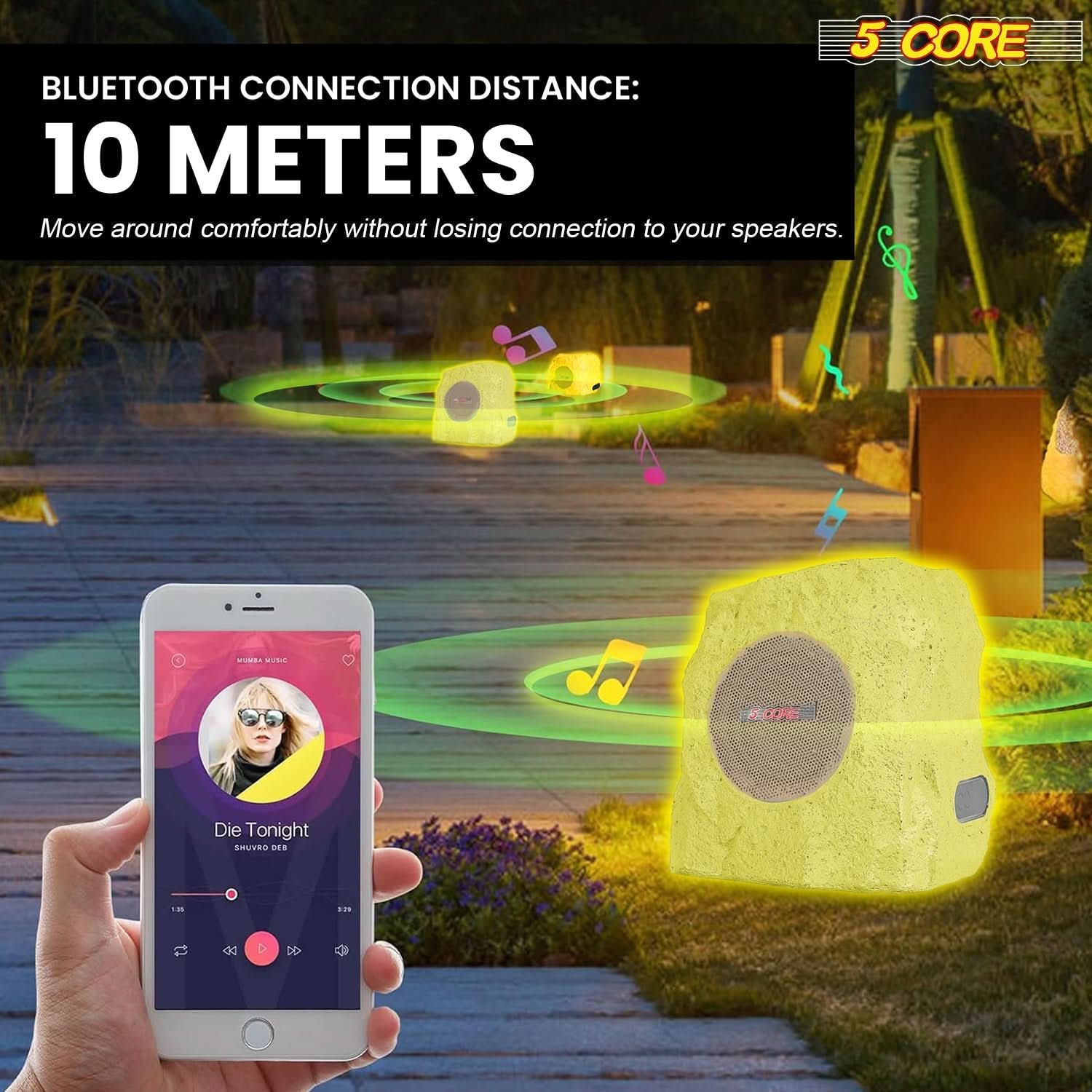 5 Core Rock Speaker Outdoor Waterproof Bluetooth Garden Speakers Solar & USB Charging RGB Colors for Patio Pool & Home-4