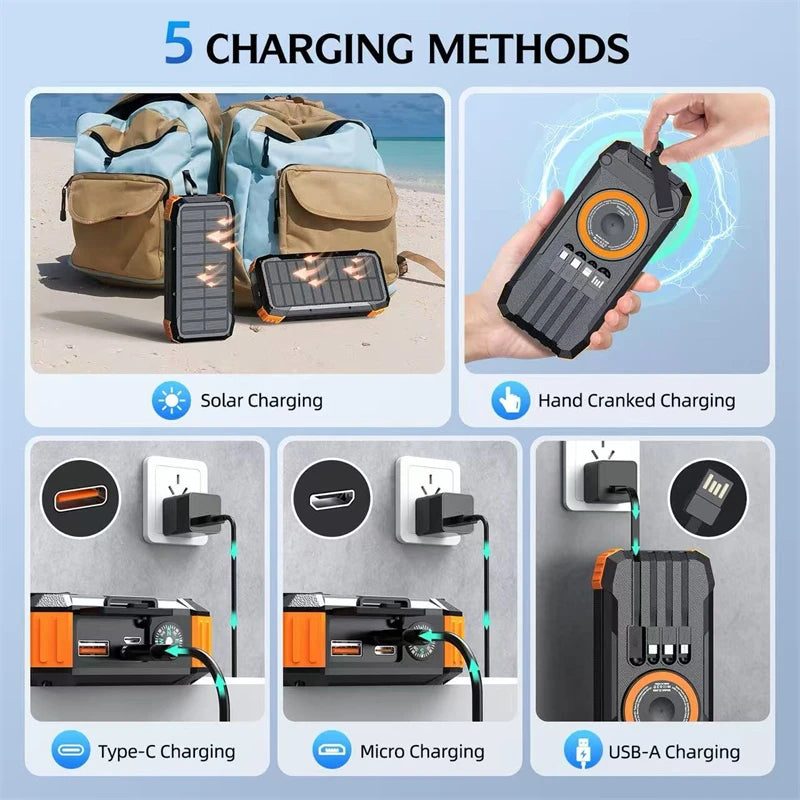 Hand Crank Solar Power Bank 20000mAh Magnetic Wireless 22.5W Fast Charging Powerbank with Light for iWatch for iPhone 16 Samsung